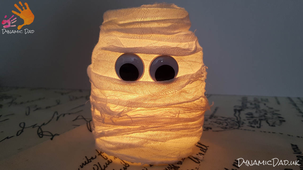 Finished lit halloween mummy lanterns and luminaires - Dynamic Dad