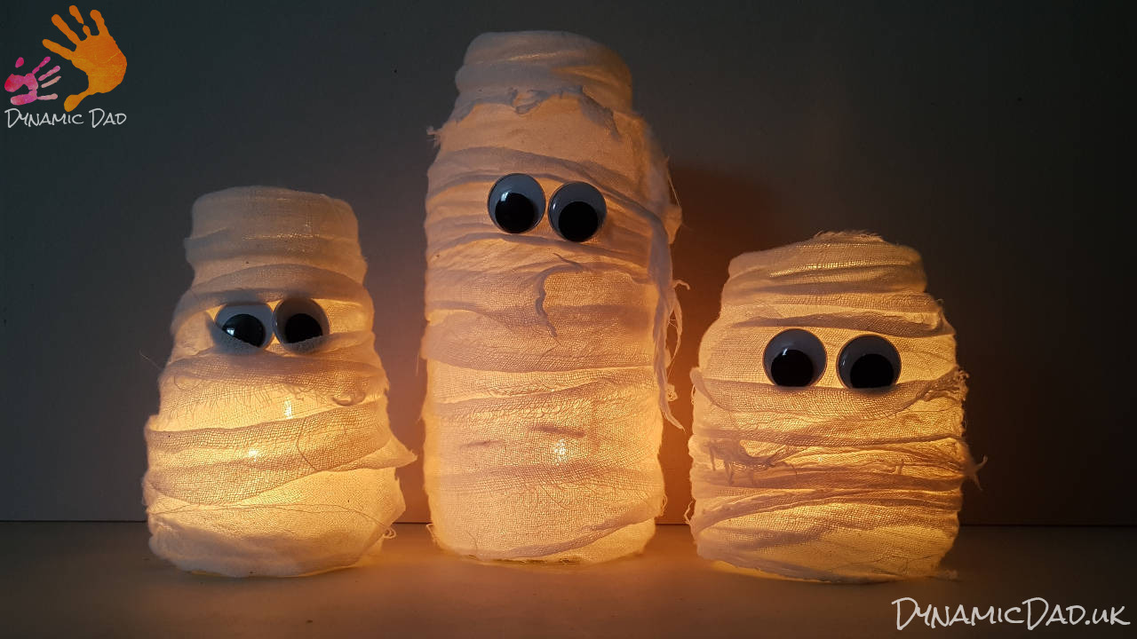 Finished lit halloween mummy lanterns and luminaires set - Dynamic Dad